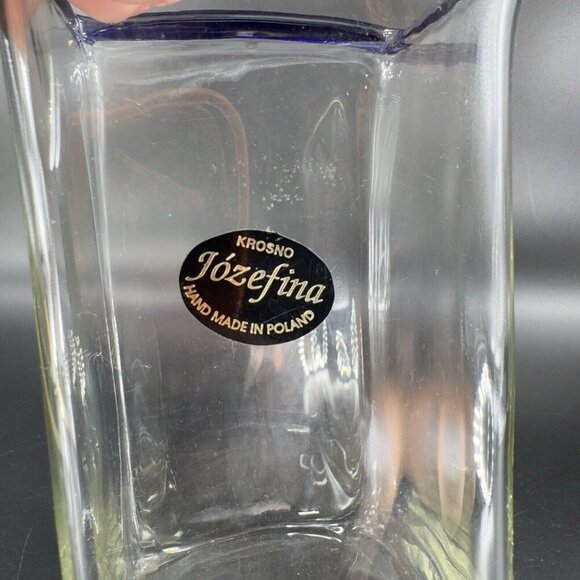 Krosno Jozefina Hand Blown Glass Vase Made In Poland Clear Cobalt Blue Edges VTG - Picture 11 of 16